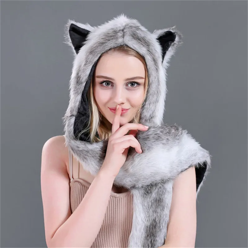 Женская Мужская теплая зимняя шапка из животного меха пушистая плюшевая Шапка капюшон шарф шаль с перчатками Леопард панда волк медведь шапка шарф набор