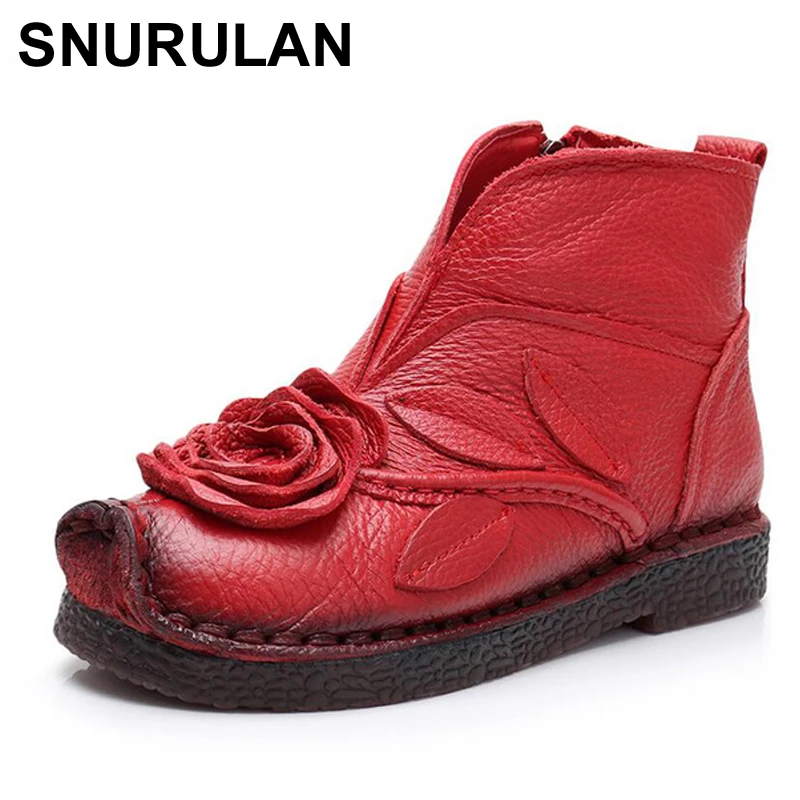 

SNURULAN Fashion Warm Snow Boots New arrival Genuine Leather Women Ankle Boots Ethnic Style Flower Handmade Women shoesE069