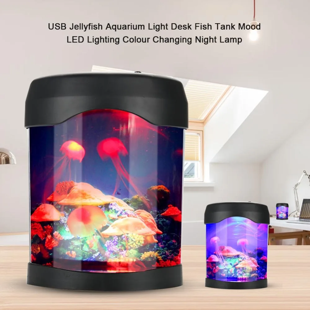 

USB Mini Aquarium Light Desk Mini Fish Tank Mood LED Lighting Color Changing Night LCD Display Screen and Clock Fish Tank