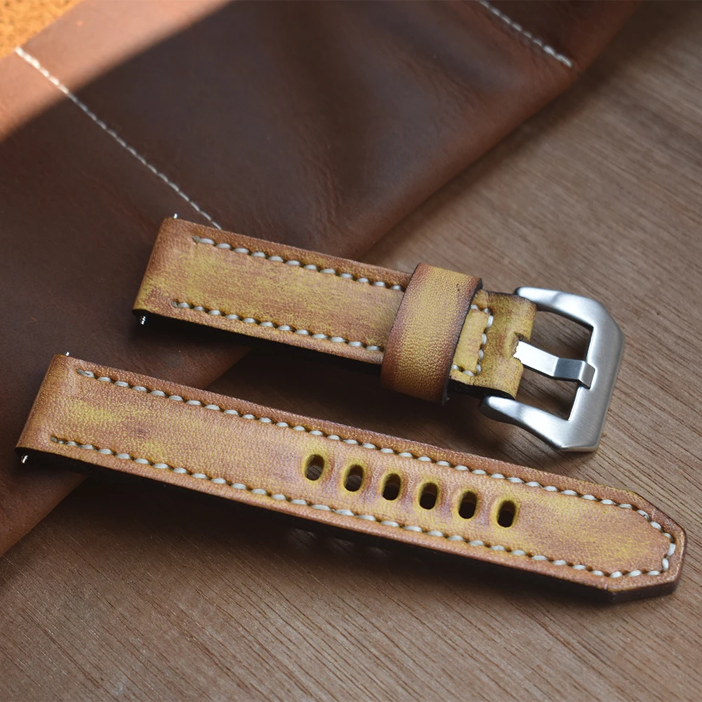 

ONTHELEVEL Genuine Leather Watchbands Yellow Watch Band Strap for Panerai Belt Stainless Steel polished Buckle 18 20 22 24mm