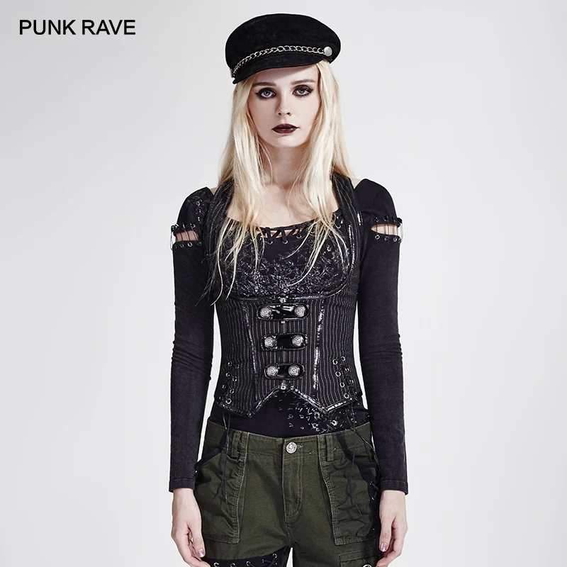 

PUNK RAVE Women's Punk Military Uniform Fitted Vertical Stripes Ladies Vest Gothic Shirt Casual Mysterious Cosplay Women Corset