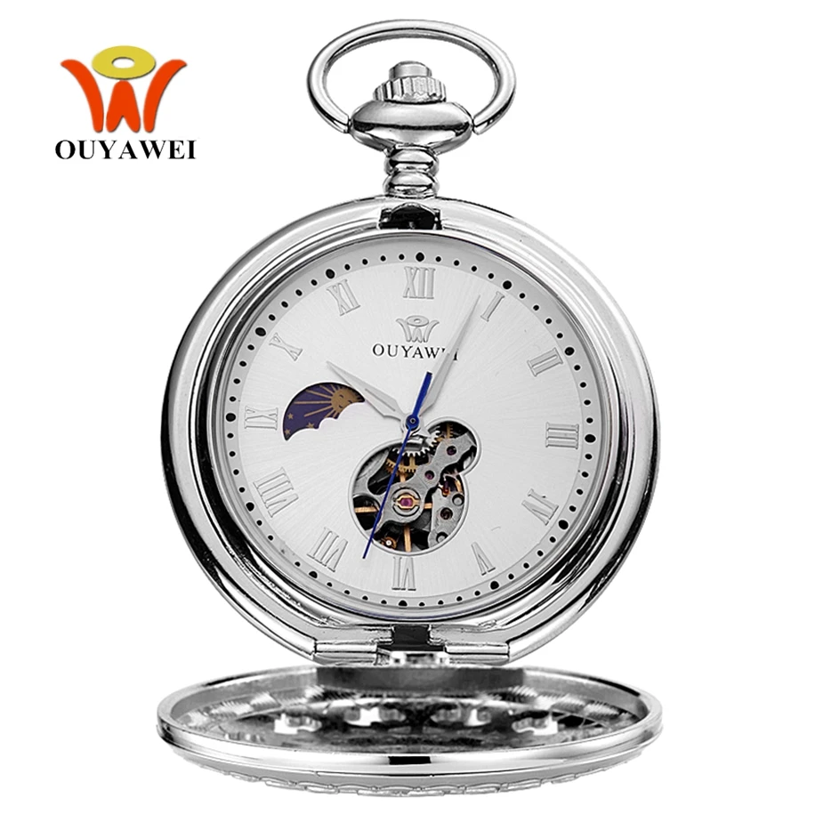 Luxus OYW Handaufzug Mechanische Silber Männer Taschenuhr Skeleton Zifferblatt Stahl halskette Kette Anhänger Vintage Kleid Fob Uhren