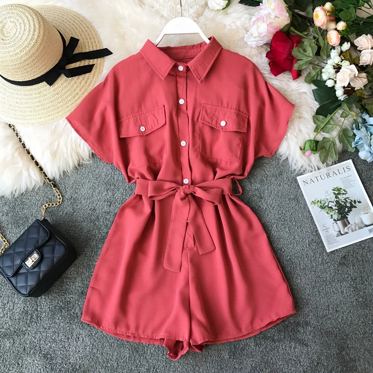 

2019 Summer Korean Chic Pure Color Double Pocket Lapel Short Sleeved Casual Playsuits Jumpsuits G387