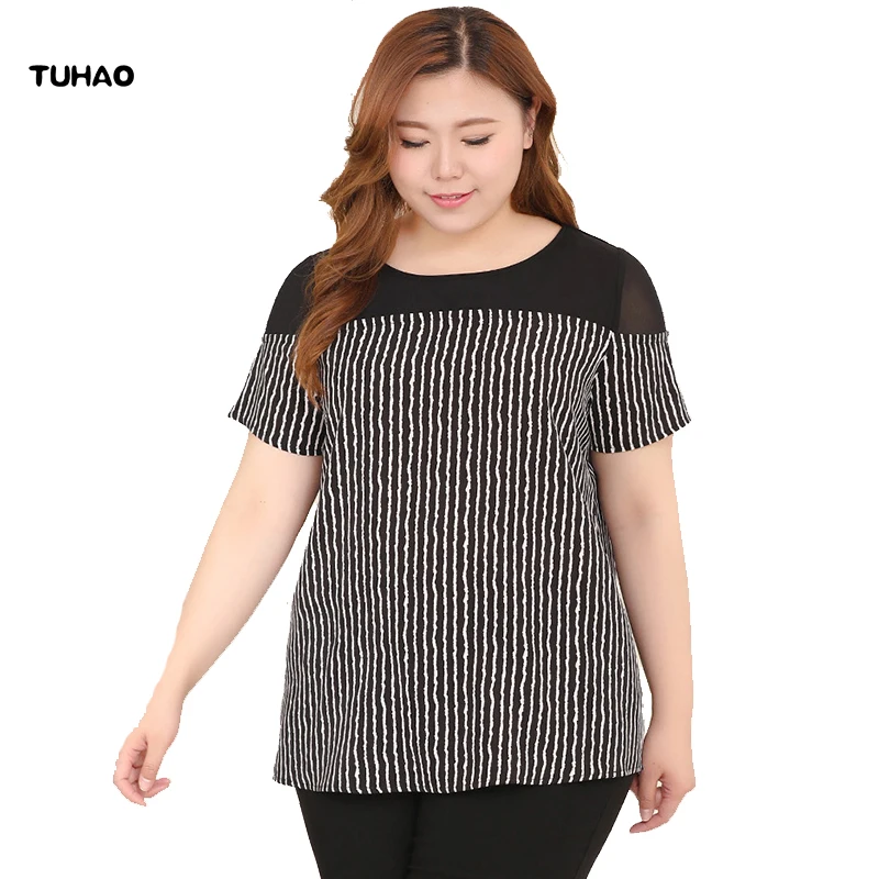 

TUHAO plus size 10XL 8XL Vertical Stripes Spliced Women Large Size OFFICE Hollow Out Elegant Blouse Casual Streetwear tops MS34