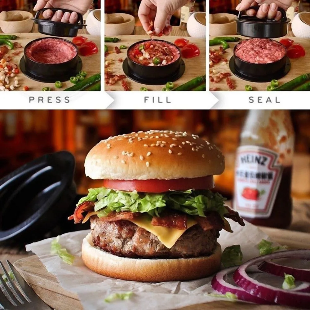 Non Stick 3 IN 1 Stuffed Burger Press Hamburger Patty Molds Maker Sliders BBQ