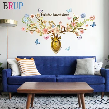 

Beautiful Elk Wall Stickers Deer Head Art Home Decor for Living Room Flower Animals Room Decorative Vinyls for Walls