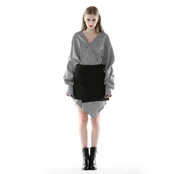 

Casual Women V Neck Plaid Irregular Dresses Spring Cotton Long Sleeve Dress and Short Skirt Two Pieces Set