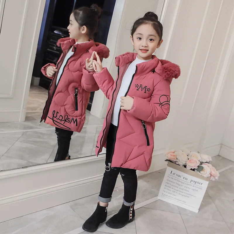 

New Kids Girl Thicken Down Cotton Jacket Little Girl Hooded Coat Fur Collar Long Padded Parka for Children Warm Snowsuit