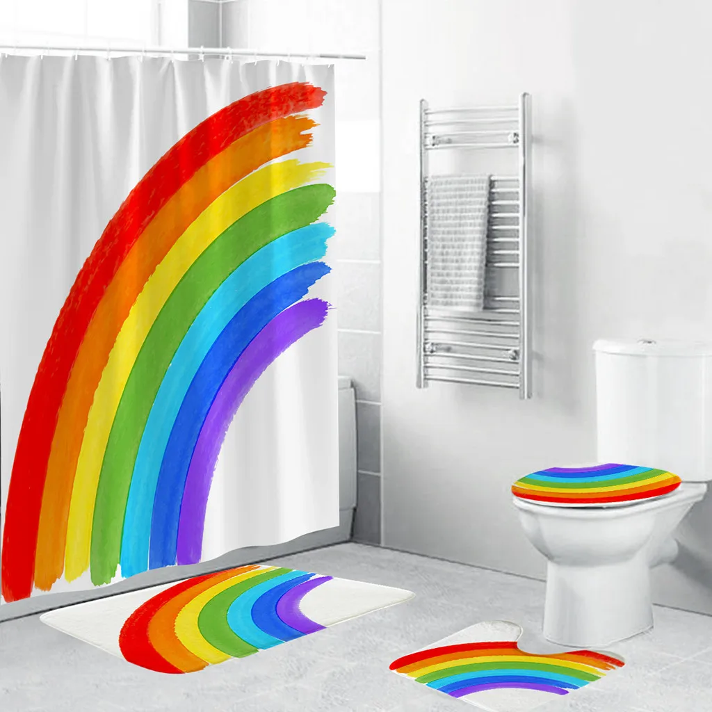 

4Pcs Bathroom Pattern Waterproof Bath Mat Set Shower Curtain Pedestal Toilet Seat Mat+Lid+Bath Mat Slip Bath Cover Carpet L0610