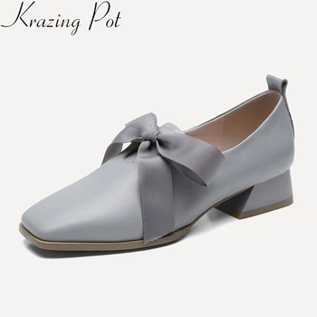 

2019 fashion cow leather square toe brand women pumps med heel lace up butterfly-knot solid office lady elegant spring shoes L41