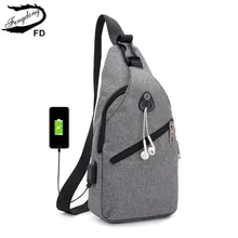 FengDong повседневные мужские сумки через плечо для мальчиков маленькая сумка на ремне нагрудная Водонепроницаемая usb зарядка сумка через плечо с разъемом для наушников