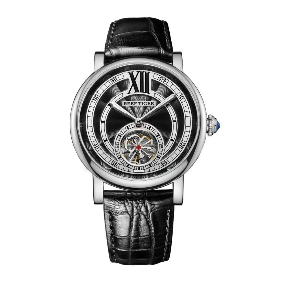 Reef Tiger/RT бренд Tourbillon часы мужские 316L сталь автоматические Аналоговые часы из натуральной кожи ремешок RGA192 - Цвет: RGA192-YBB