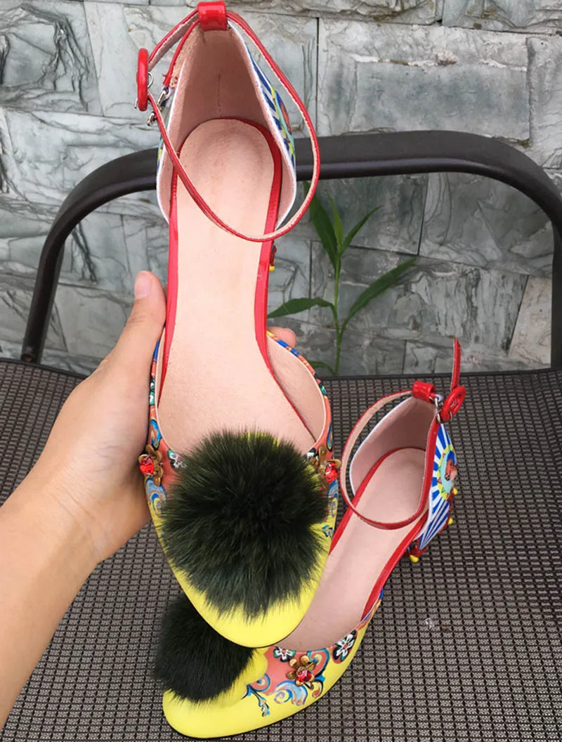 Women Sandals Fashion Print Strange Heel Pumps Fur Ball Metal Decoration 2018 Summer Ladies Dress Party High Heels Shoes Woman (2)