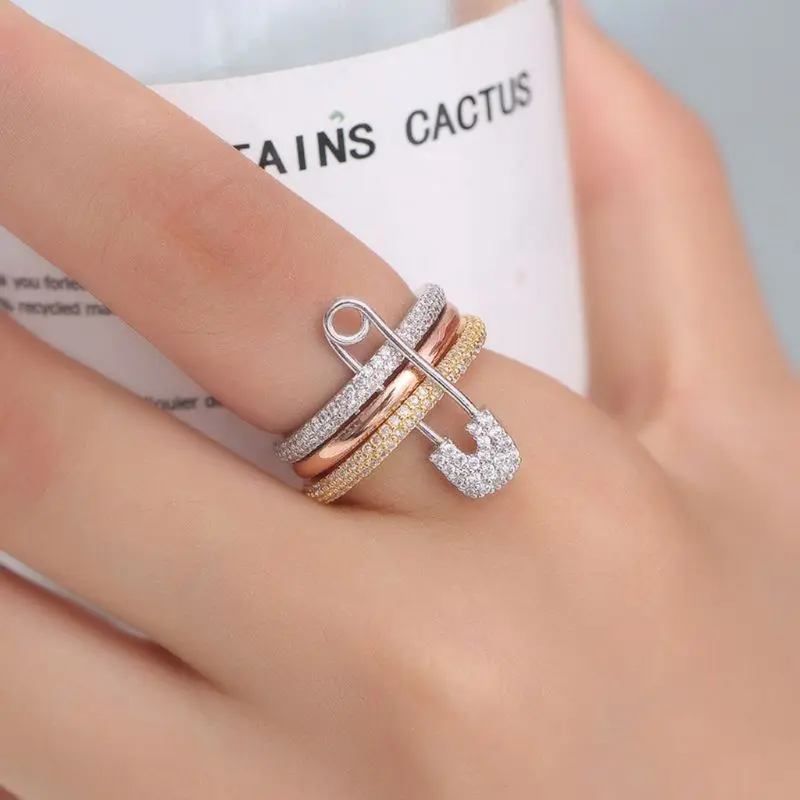 

Wide Silver Finger Rings Set For Women Safety Pin Design Ring Band Cubic Zircon Ring Pave Setting Female Fashion Jewelry Women