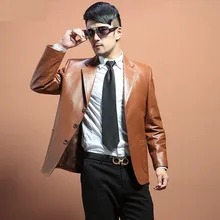 Мужской костюм из натуральной кожи, мужская куртка из овечьей кожи, тонкий повседневный кожаный костюм, черная кожаная куртка цвета шампанского, EMS