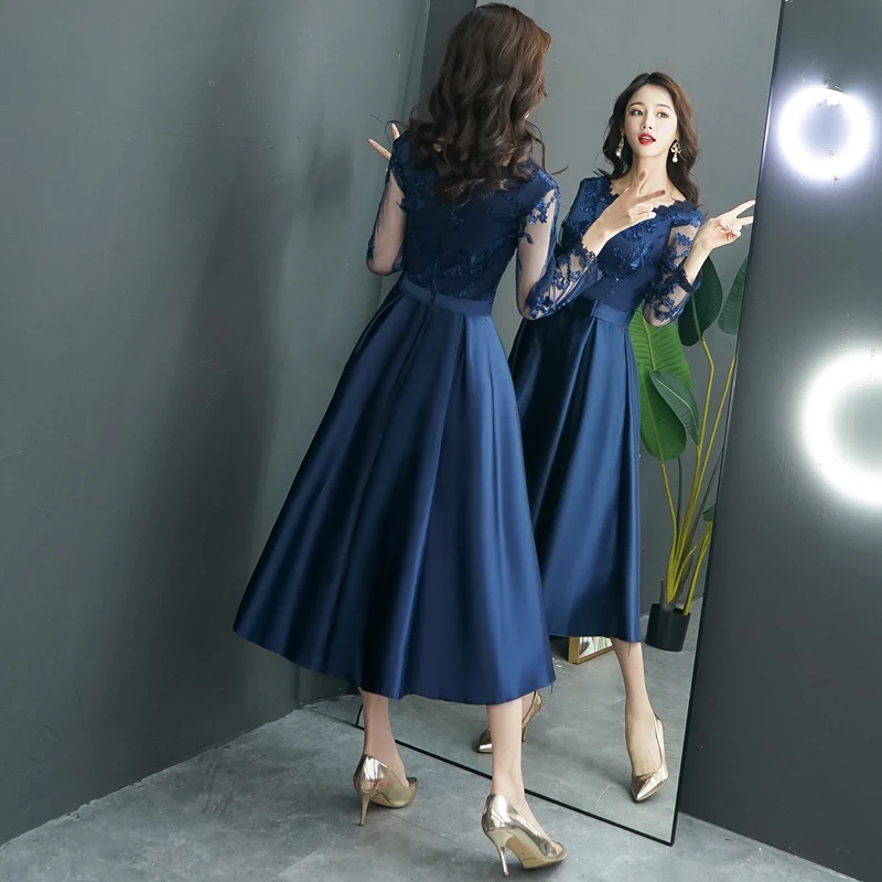 Navy Blue Long Sleeve Evening Dress A 