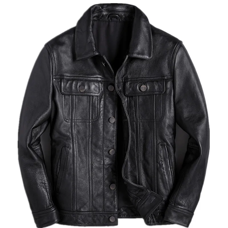 

2019 Black Men Casual Genuine Leather Jacket Plus Size XXXL Single Breasted Slim Fit Spring Cowhide Leather Coat FREE SHIPPING