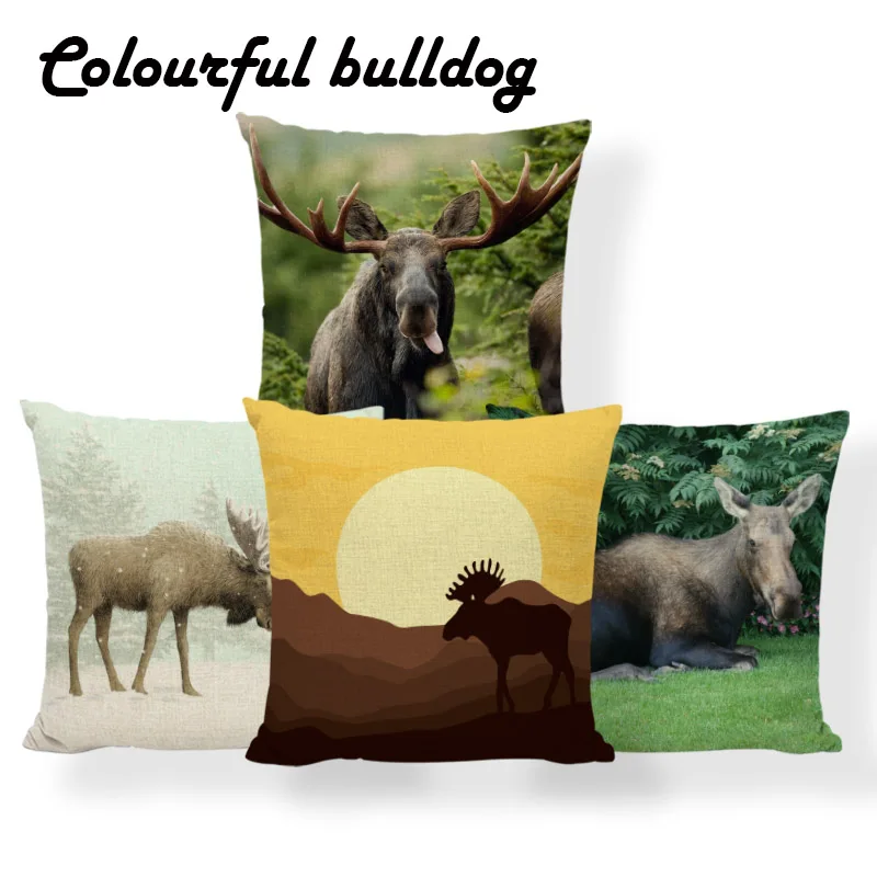 

Personalized Moose Cushion Cover Sunshine Animal Forest Snow Decoration Pillow Set Traditional Home Pillowcase 45X45Cm Polyester