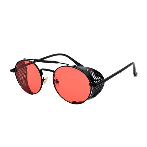 Модные Ретро панк стиль Мужские стимпанк Солнцезащитные очки металлические боковые щитки UV400 Солнцезащитные очки круглые очки винтажные очки PL1055 - Цвет линз: C03BlackRed