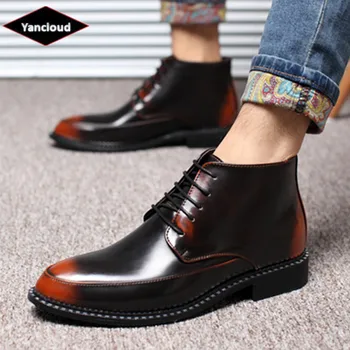 

2019 Autumn Winter Men' Genuine Leather Cotton Shoes Vintage Pointed Toe Mens Motorcycle Boots Fashion High top Fur Ankle Boots