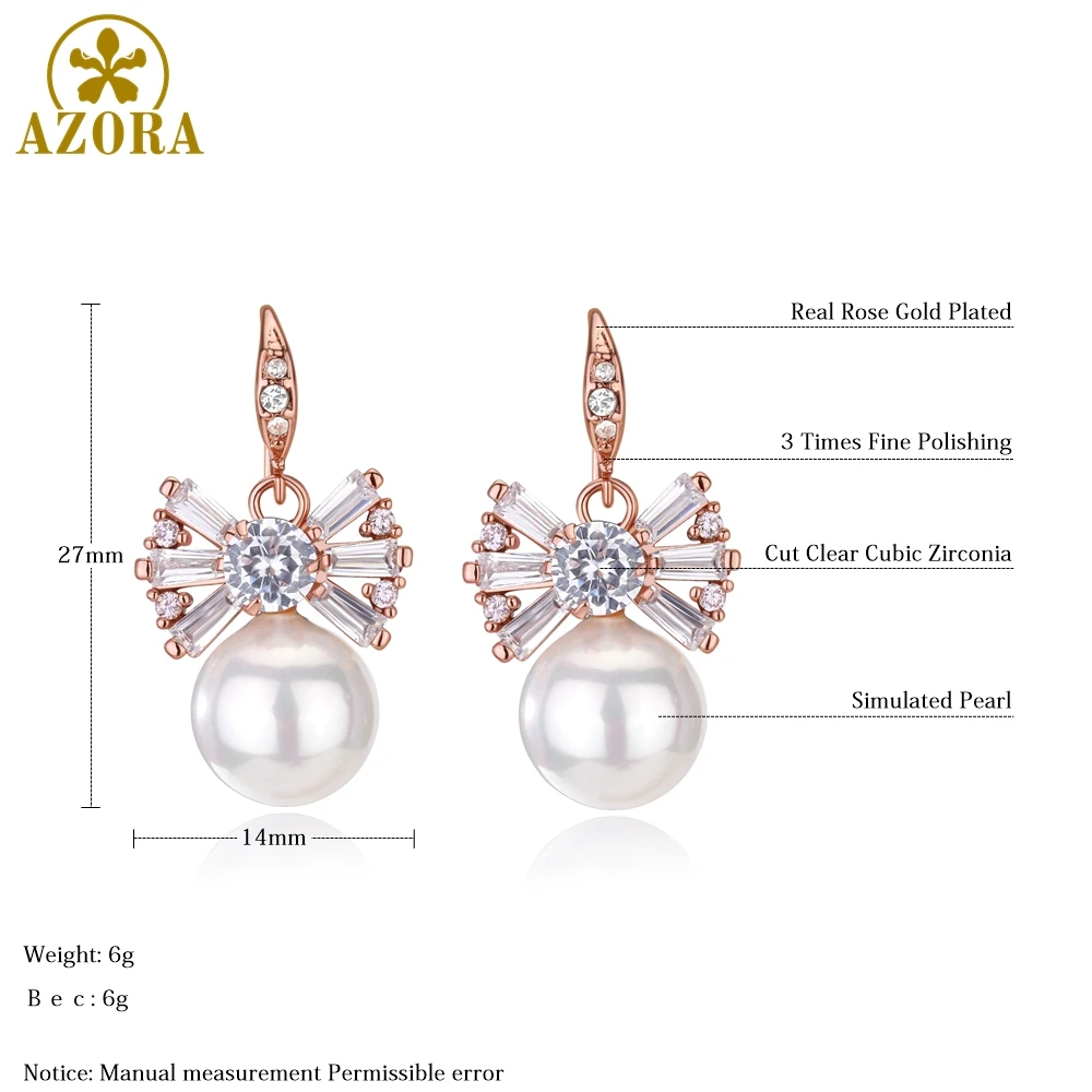 AZORA Simulated Pearl Earring Dangle Drop Rose Gold Color Bowknot Earrings Clear Cubic Zirconia Fashion Jewelry for Women TE0332