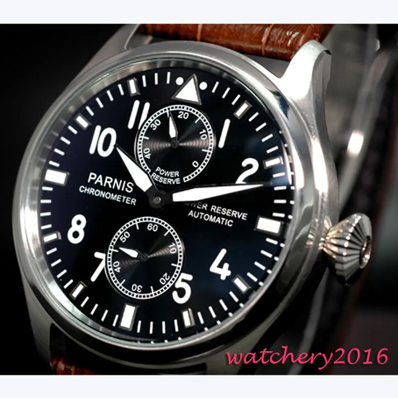 

47mm parnis Black dial Rivets Leather Strap Power Reserve Chronograph Complete Calendar ST 2542 Automatic mechanical Mens Watch