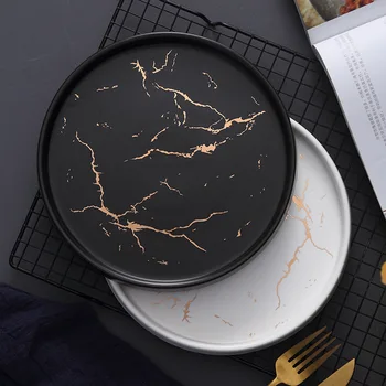 

20cm Gold Black White Marble Ceramic Plate Porcelain Dinnerware Set Kitchen Table European Style Decoration Dessert Steak Plate