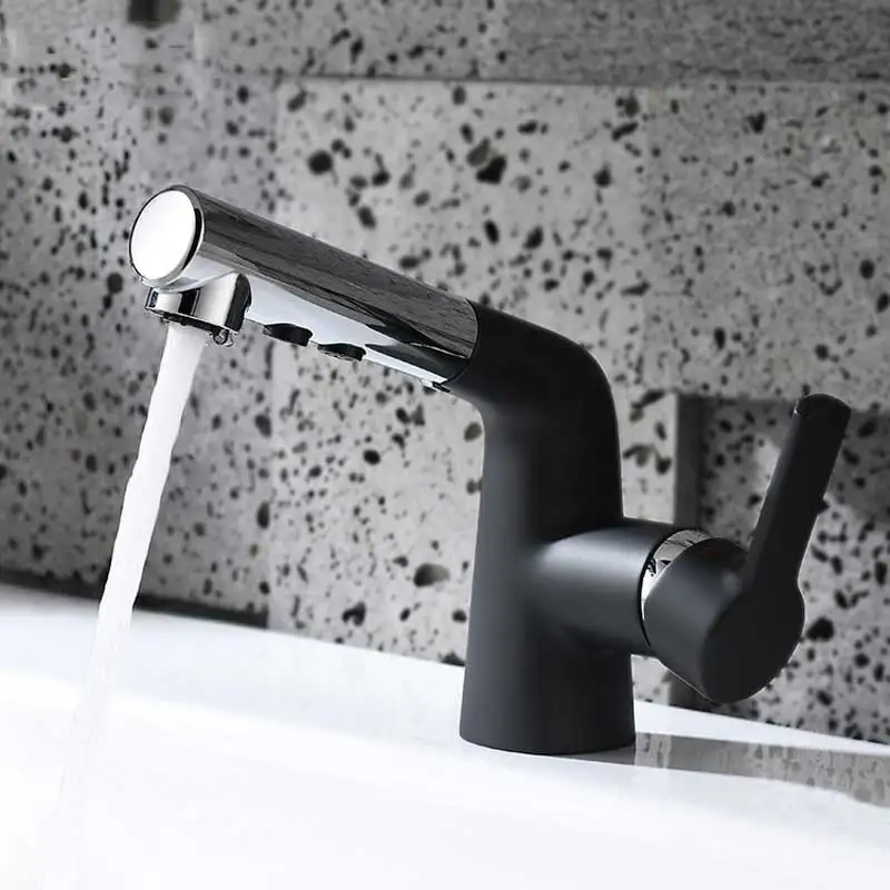 

Copper black basin pull out faucet universal rotary pull faucet with spray gun washbasin cold and hot mixing faucet
