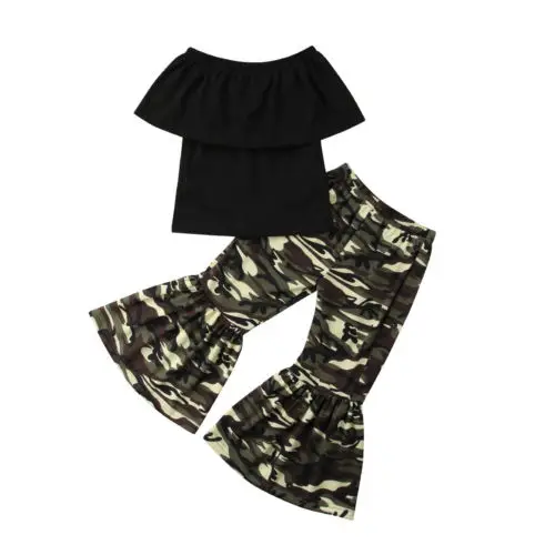 

Kids Baby Girl Casual Clothes Sets Off-shoulder Tops T-Shirts Flared Pants Bell Bottom 2pcs Summer Clothing Girl 9M-4T