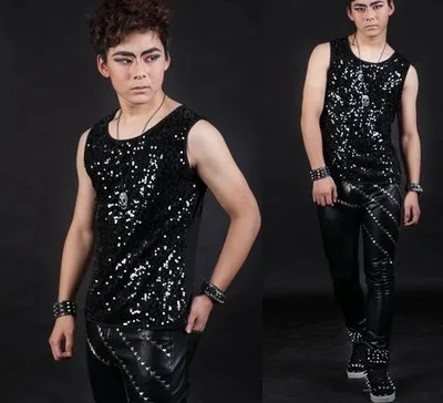 

DS nightclub stage equipment Punk tide men Stage male personality Alternative sequins rivet Sleeveless t-shirt Costumes