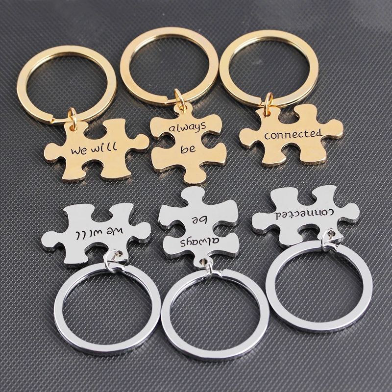 

Fashion 3 Pcs Couples Gift Alloy We Will Always Be Connected Letter Puzzle Dog Tag Key Chain Square Matching Engraved Key Ring