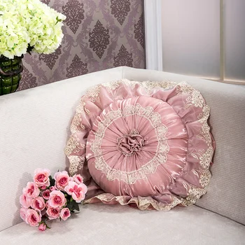 

Flowers Decor Round Cushion with Lace Ruffled Edge Sofa Bed Decoration Cushion Satin Warm Cushion Pillows Pink,Blue Color