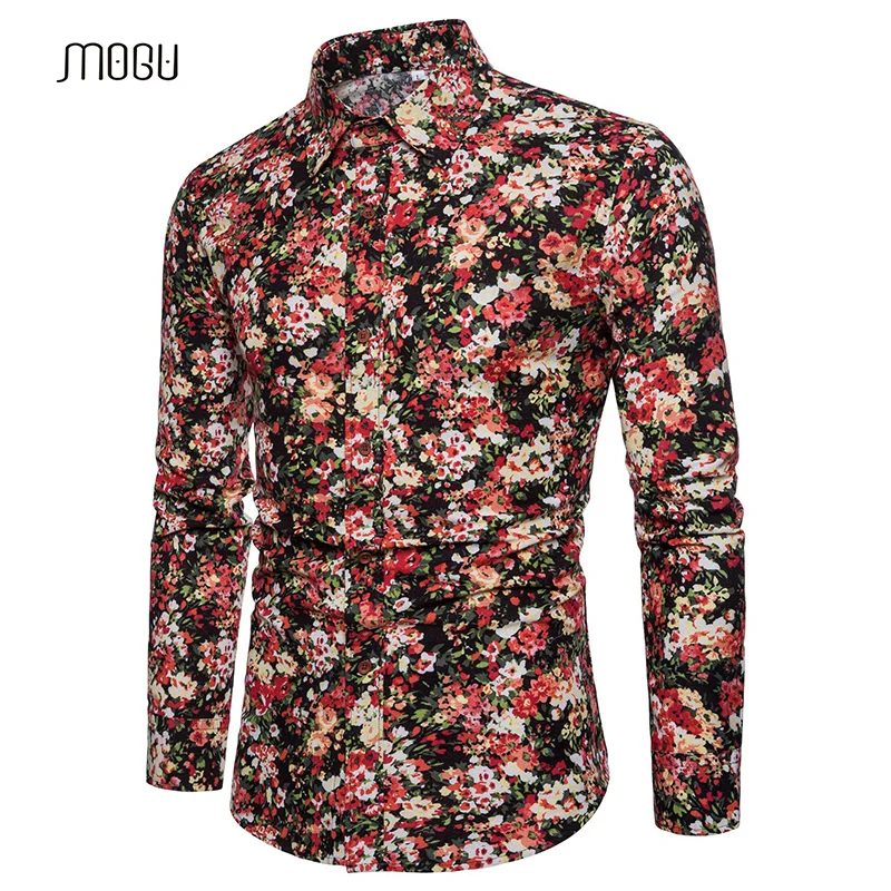MOGU Men Floral Shirts 2018 Spring Flower Leisure Holiday Shirts with Long Sleeve Big Size