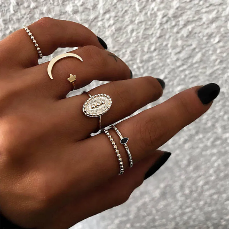 

2019 New Vintage Finger Knuckle Black Stone Ring Boho Star Moon Rings Set For Women Statement Jewelry