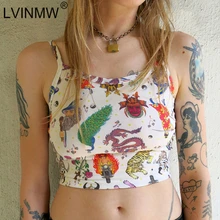 LVINMW короткий топ с мультяшным принтом на бретельках с открытыми плечами и открытой спиной, женская уличная одежда, тощий Топ, летняя женская одежда
