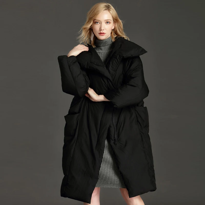 High Quality 2018 Winter Down Jackets Women Elegant Solid Long Loose 90% White Duck Down Coats Plus Size Female Overcoat AO674