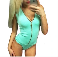 FGGS Black Fashion Casual Sleeveless V-neck Single Costume Female Sexy Zippered Patchwork Bodysuit S