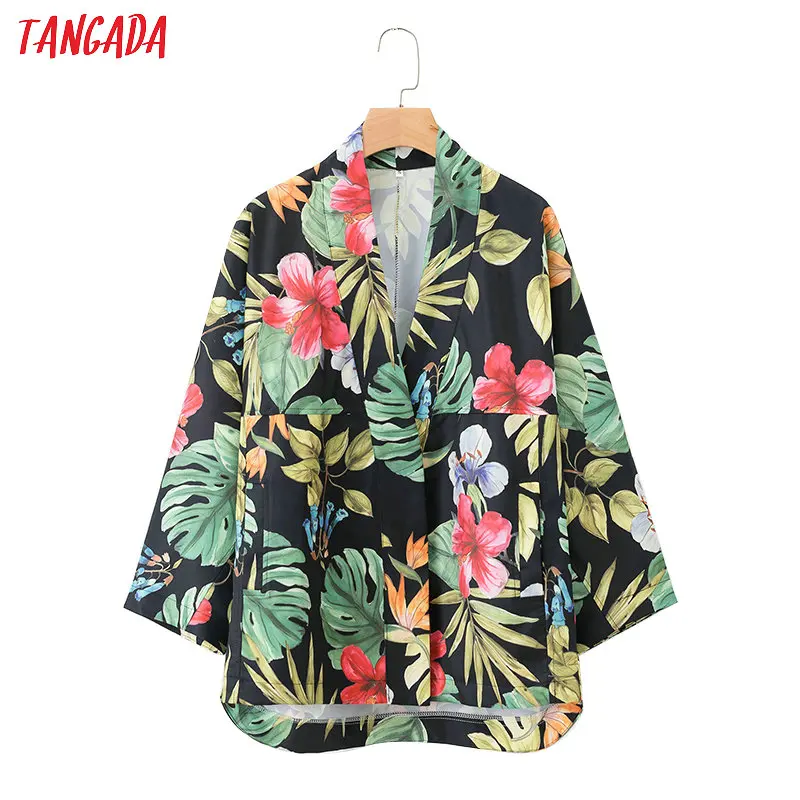 

Tangada women vintage floral print blazer korea fashion 2019 autumn bat long sleeve ladies coat female blazer office suit 1D344