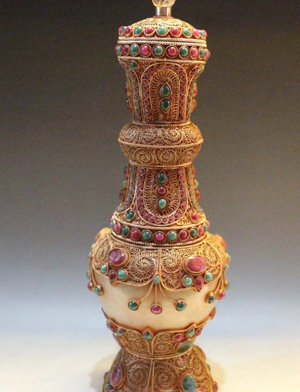 

16"Chinese Crystal inlay Ruby Beryl Gem Jade Buddhism Crock Pot Vase Jar Statue