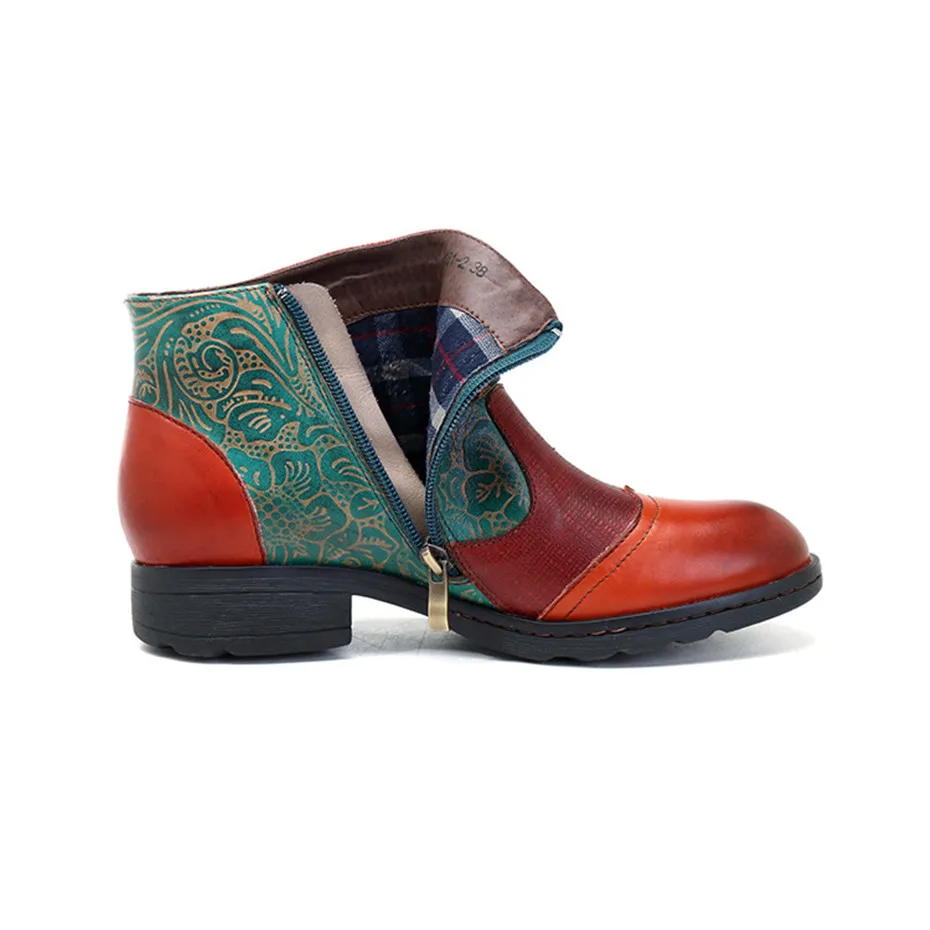 New Plant Texture Female Chelsea Boots Shoes Genuine Leather Stitching Craft Ladies Short Boots Flat Casual Zipper Women's Boots (9)