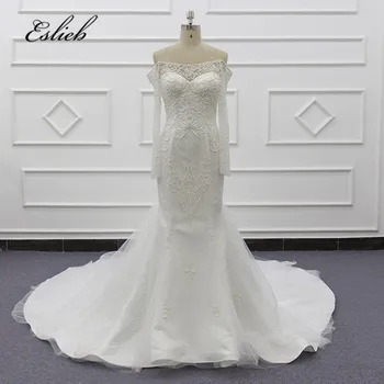 شراء2019 قارب الرقبة الرباط Appliqued الوهم عودة حورية البحر Vestido دي Noiva مذهل كم كاب فساتين الزفاف الرسمي أثواب SJ030