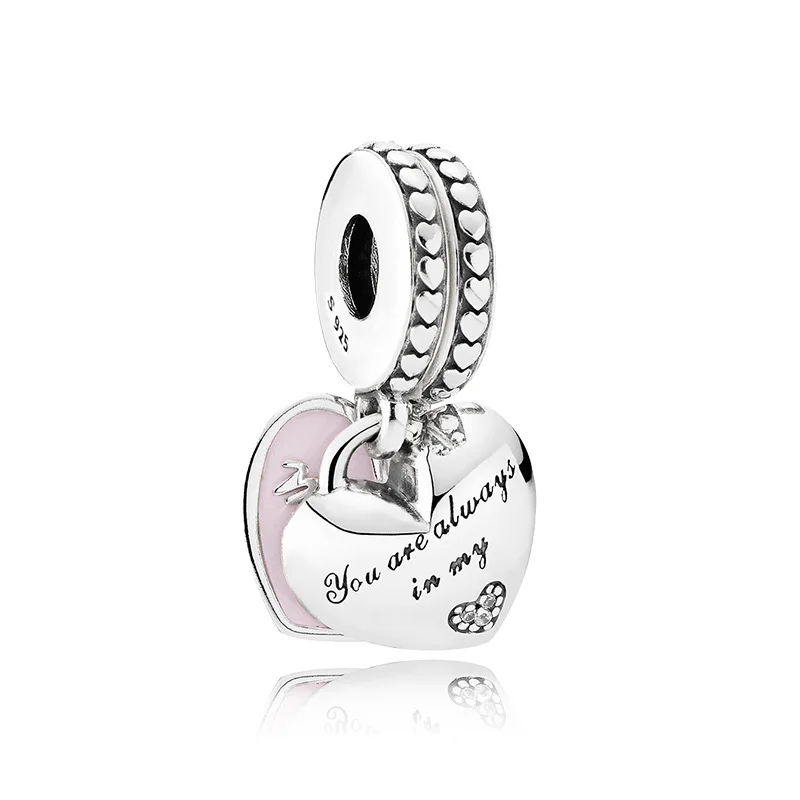 

XINHUI 100% 925 Sterling Silver Mother & Daughter Pink Enamel Heart Dangle Charm Bead Fit Bracelet Women Party Jewelry Gift