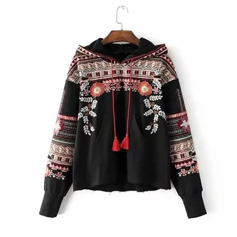 

Vintage Totem Geometric Embroidery Hood Sweatshirt Oversized Sequined Long Sleeve Pullover Casual Top Sudaderas Outwear Winter