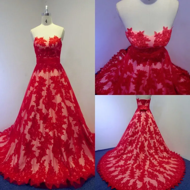

2015 Real Photos Romantic Red Lace Wedding Dresses New Arrivals A-Line Sweetheart Sexy Bridal Gowns Floor Length Plus Size Dress
