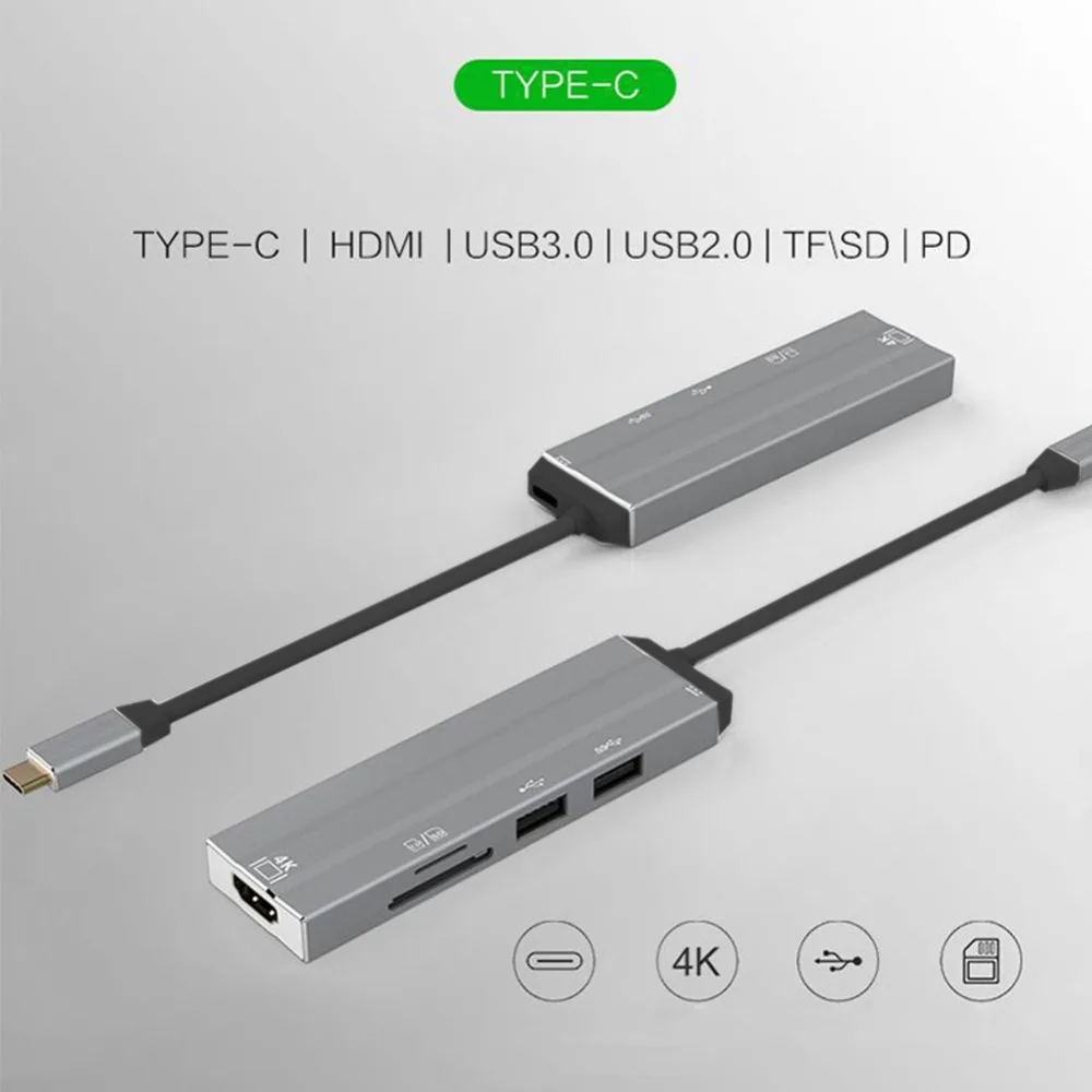 6 в 1 4K HD USB-C концентратор видео аудио кабель адаптер Тип C к HDMI usb 3,0/usb 2,0 с SD/TF кард-ридер Тип C USB концентраторы