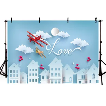 

Valentine's Day Vinyl Photography Background Blue Sky White Clouds Plane Love Balloon Romantic City Couple Backdrop Photo Studio