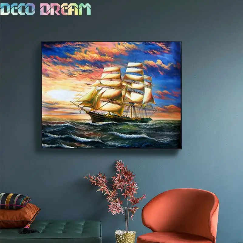 

New Needle Arts Craft Diy Full Pebble Round Diamond Mosaic Scenery Painting Cross Stitch Embroidery Smooth Sailing Modern Hobby