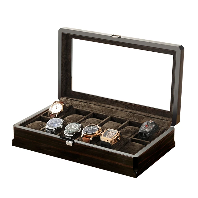 Роскошные деревянные часы упаковочная коробка пианино лак отображения нержавеющей Черный Коричневый чехол для часов коробка