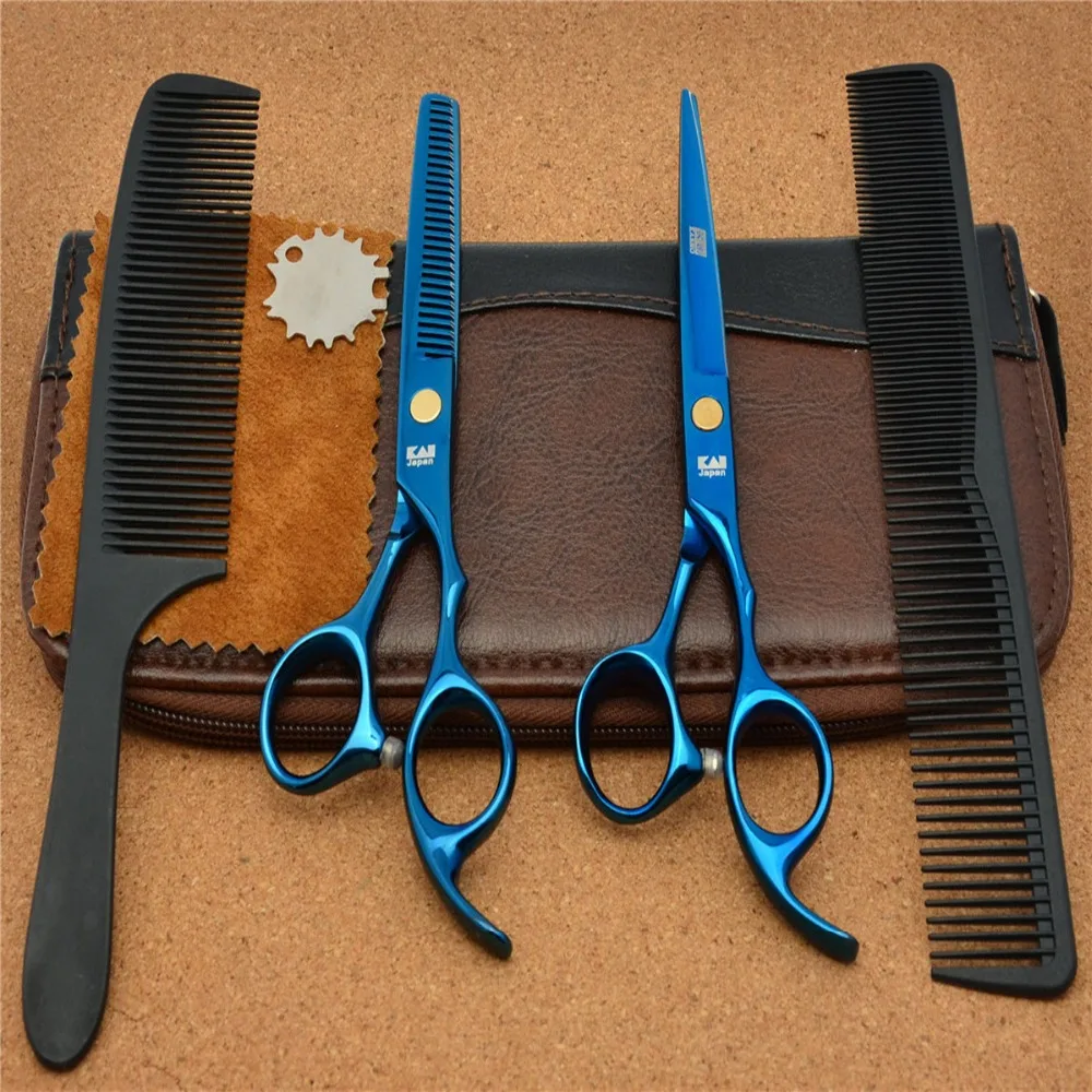 

4Pcs Set 5.5'' 16cm Japan Kasho Blue 440C Professional Human Hair Scissors Hairdressing Cutting Shears Thinning Scissors H1005