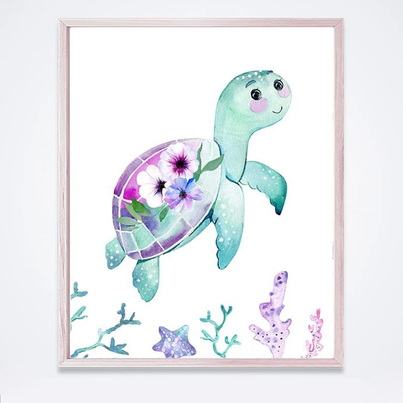 Mermaid Canvas Posters Nursery Wall Art Print Watercolor Sea Animals  Starfish Turtle Octopus Painting Girls Room Wall Art Decor